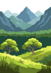 Beautiful mountain landscape vector illustration with lush green hills and trees under a clear sky, perfect for nature and travel themes © Purnomo