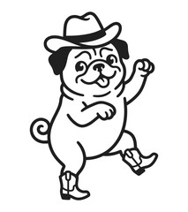 Obraz premium Funny pug dog in cowboy hat and boots black and white vector illustration
