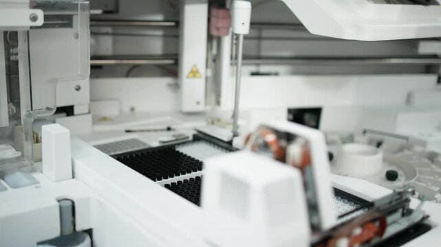 Close-up shot of laboratory diagnostic machine processing samples in clinical setting. Concept healthcare technology, infectious disease analysis and virology including COVID-19 and hantavirus.
