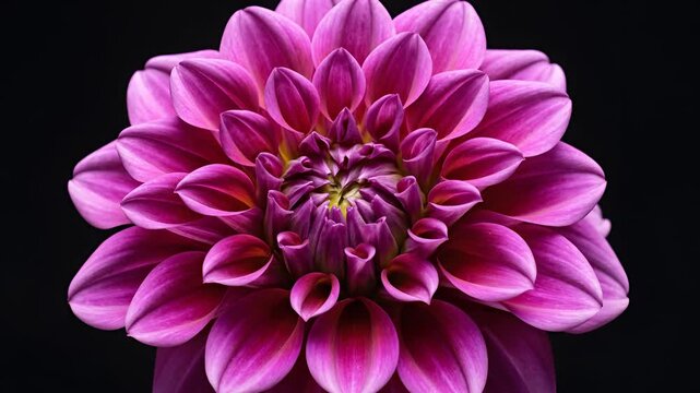 Closeup of a vibrant pink dahlia flower blooming against a black background.