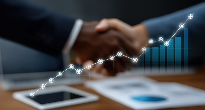 Blurred handshake behind rising chart conveys profitable agreement, shared confidence, and strong commercial momentum.
