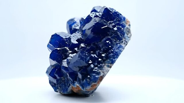 Closeup of a vibrant blue azurite mineral cluster on a white background.