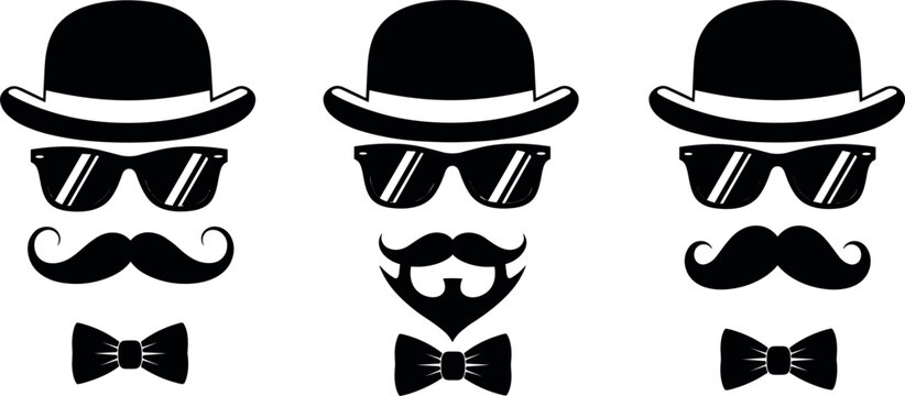 Gentleman face set with bowler hat sunglasses mustache and bow tie vector illustration