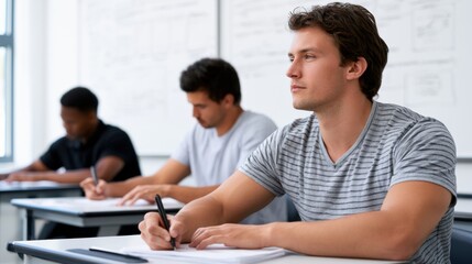 Fototapeta premium Male adult students engaged in writing exercises at classroom desks, with whiteboards and educational materials visible in the background