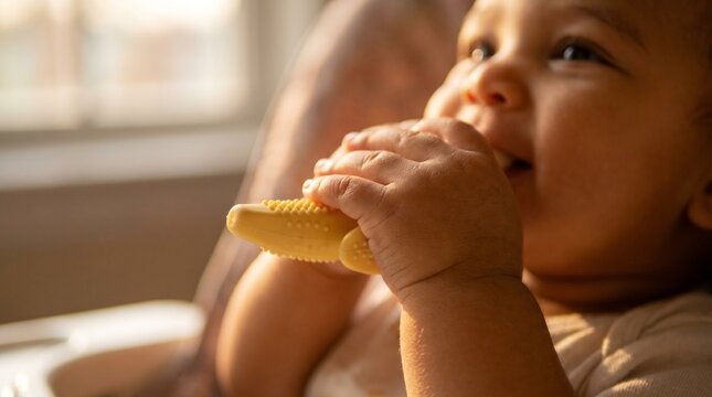 Baby smiling while grasping a yellow  silicone banana teether in a cozy indoor setting  