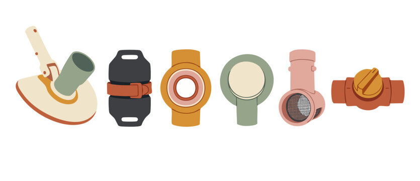 Plumbing Pipe Fittings And Valves Collection Isolated On White Background. Industrial Hardware Components, PVC Connectors, Metal Valve Knobs, And Drain Accessories For Construction And Home Improvemen