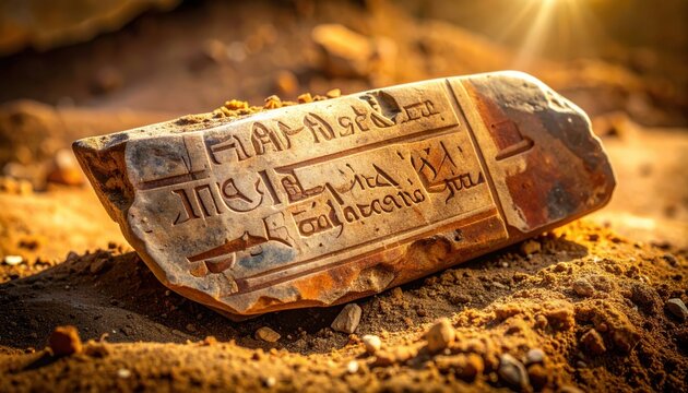 Ancient Phoenician alphabet inscription on a pottery shard unearthed in archaeological excavation