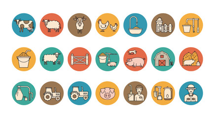Farm Animals and Equipment Icons Set: Cow, Sheep, Chicken, Pig, Tractor, Barn © gak