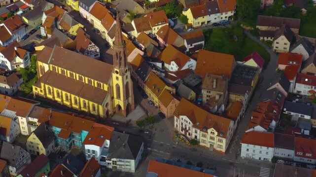 Aerial view of the old town above the city Waibstadt in Germany on a sunny summer day.