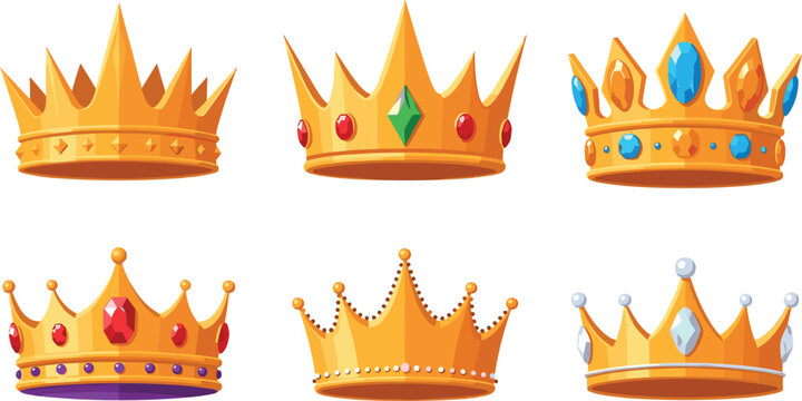 Golden royal crown vector illustration set with colorful gems isolated on white background