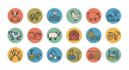 Farm Icons Set: Livestock, Crops, Machinery, and Rural Life © gak