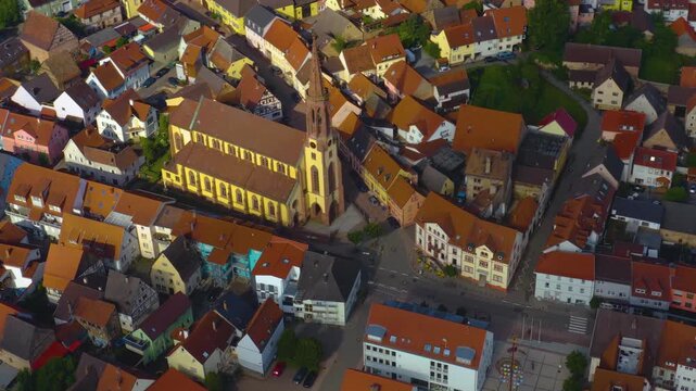 Aerial view of the old town above the city Waibstadt in Germany on a sunny summer day.