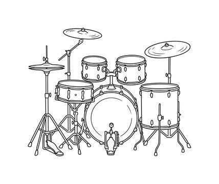 Full acoustic drum set with a bass drum, snare, toms, and shiny cymbals on stands, minimalist elegant black line art illustration,