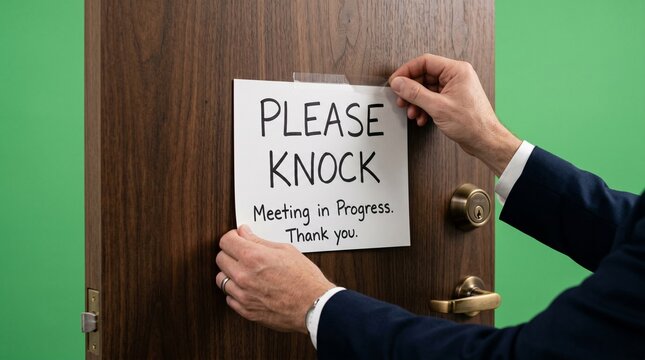 Hand holding please knock sign on wooden door with green wall