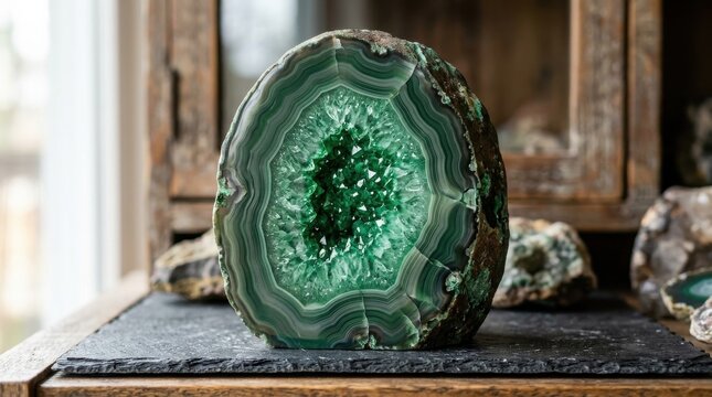A close-up photograph of a polished green crystal geode or gemstone cut vertically, showing a vibrant green crystalline interior