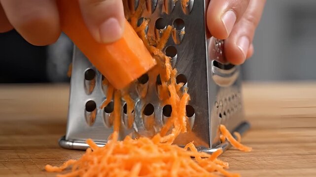 Closeup of hands grating fresh carrots on a metal grater.