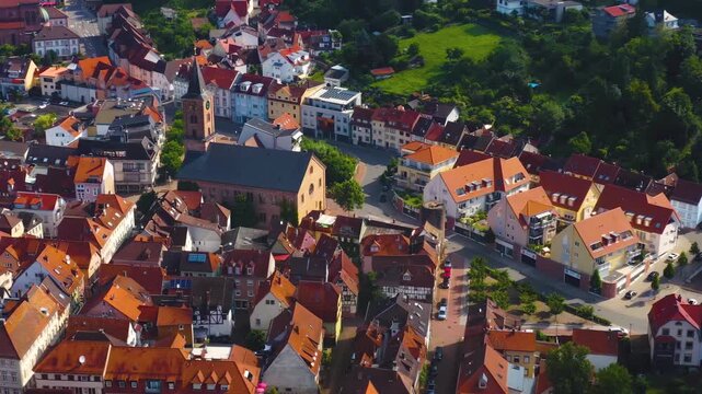 Aerial view of the city Eberbach in Germany on a sunny summer day