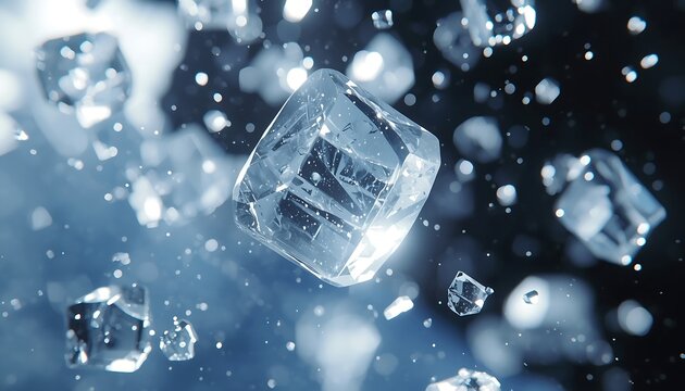 Ice cubes tumble through the air in a cold environment to suggest refreshing drinks and chilled beverages.