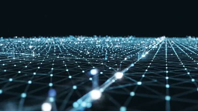 Glowing blue data nodes connected by lines moving across a dark digital surface in this cinematic motion graphics video clip