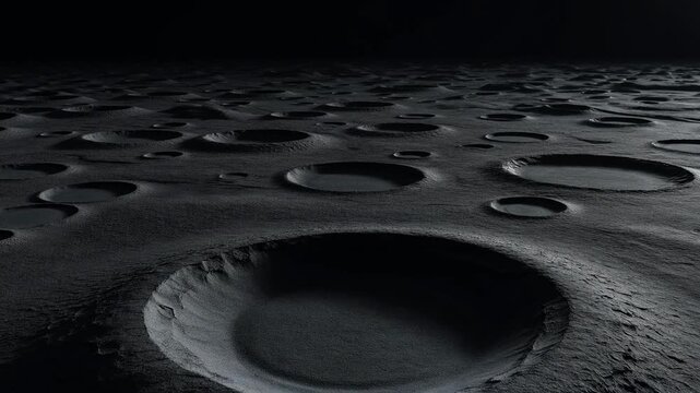 Dark cratered lunar surface panorama, monochrome moon landscape texture. Alien terrain background for sci fi visuals
