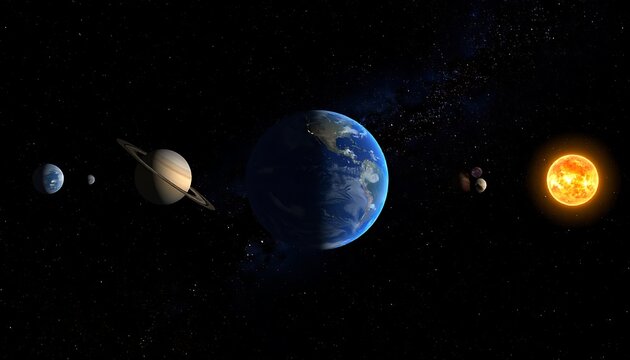 Solar System Planets and Sun in Space.