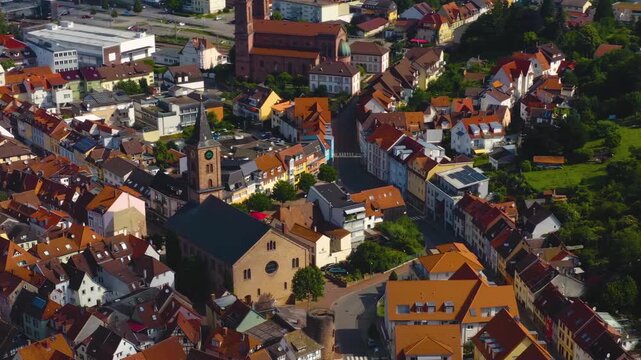 Aerial view of the city Eberbach in Germany on a sunny summer day