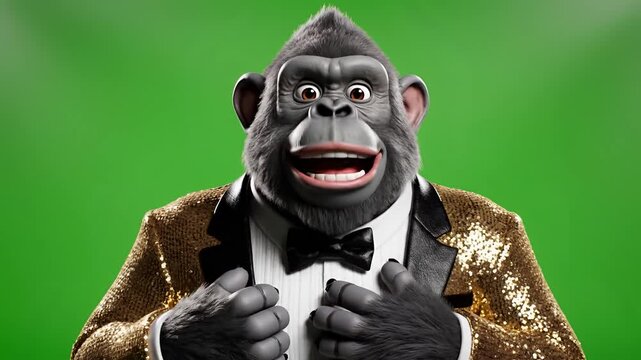 Dapper Gorilla in Sequined Jacket Celebrates with Excitement.