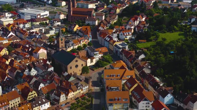 Aerial view of the city Eberbach in Germany on a sunny summer day