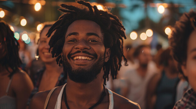 crowd at alternative culture music festival or concert, portrait of smiling african american man looking at camera
