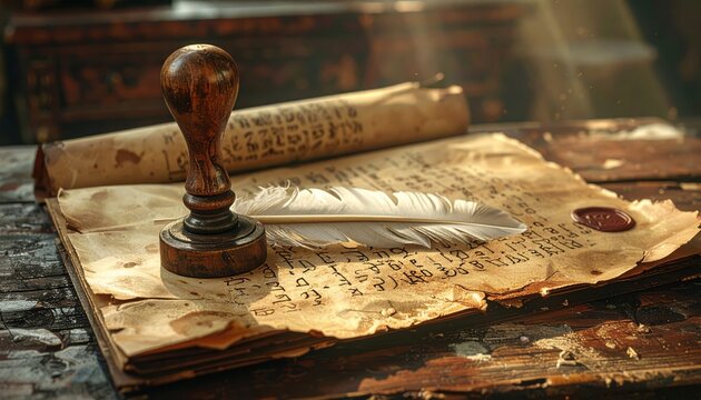 Weathered ancient parchment manuscript with quill and stamp, detailing cryptic medieval runes