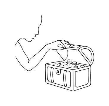 Hand reaching to open a treasure chest and looking inside in profile, minimalist elegant black line art illustration, isolated on