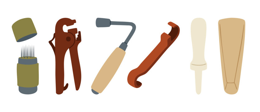 Leathercraft hand tools set for stitching and cutting, professional leather working equipment isolated on white background, artisanal craft supplies for shoemaking and leather accessory production pro