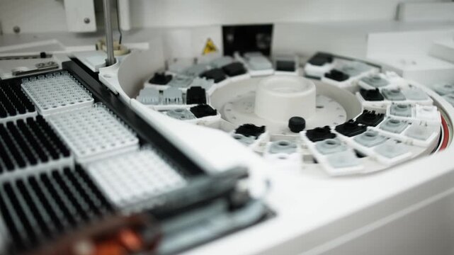 Detailed close-up of automated medical laboratory device with digital interface. Concept modern diagnostics, biotechnology and virology research including coronavirus and hantavirus.
