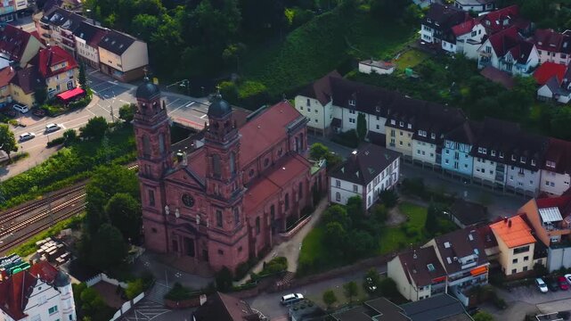 Aerial view of the city Eberbach in Germany on a sunny summer day