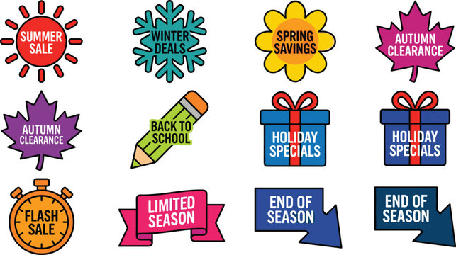 Set of Colorful Seasonal and Promotional Sale Icons Including Summer, Winter, Spring, Autumn, Back to School, Holiday Specials, Flash, Limited, and End of Season Designs