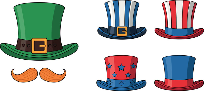 Leprechaun top hat and patriotic fourth of july uncle sam hats vector illustration collection