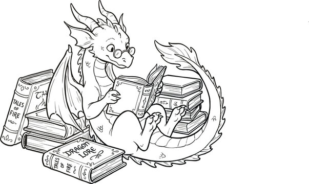 Cute, whimsical, dragon, reading, books, coloring, page, black, and, white, line, art, fantasy, creature, wearing, glasses, learning, magic, lore, illustration.