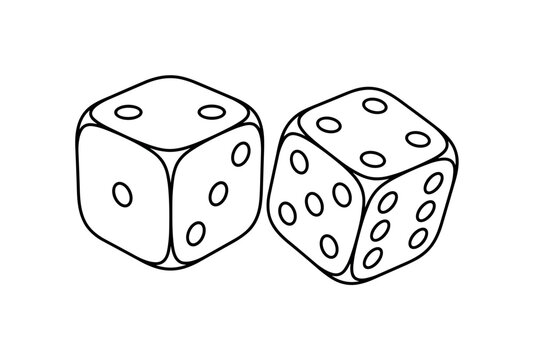 Pair of six-sided dice with several round dots and a clean look, minimalist elegant black line art illustration, isolated on a
