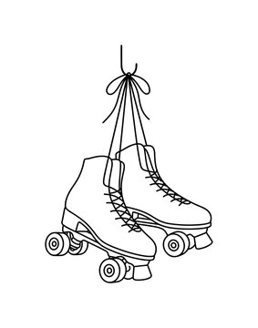 Pair of roller skates with laces tied together and hanging from a hook, minimalist elegant black line art illustration, isolated