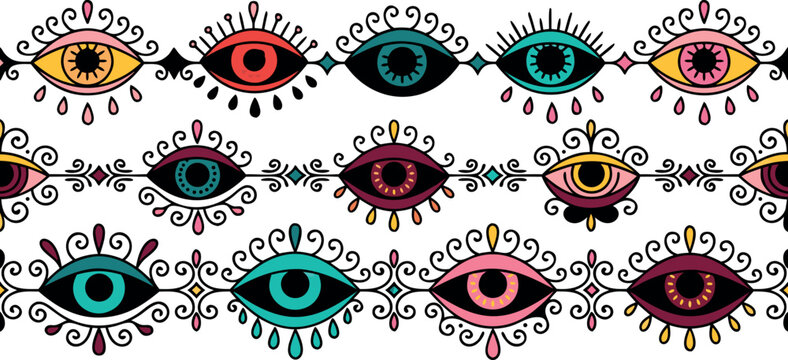 Psychedelic turkish evil eye talisman borders pack with colorful swirls for textile design elements