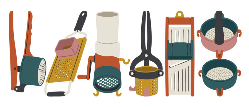 Kitchen Utensils Set for Cooking, Food Preparation Tools Collection, Flat Vector Illustration of Grater, Mandoline, Potato Ricer and Food Mill for Culinary Tasks, Professional Chef Gadgets Equipment