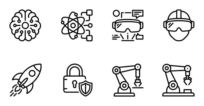 Modern technology vector icon set, artificial intelligence, virtual reality, cybersecurity, and robotics line art collection, digital innovation and future tech symbols for business and