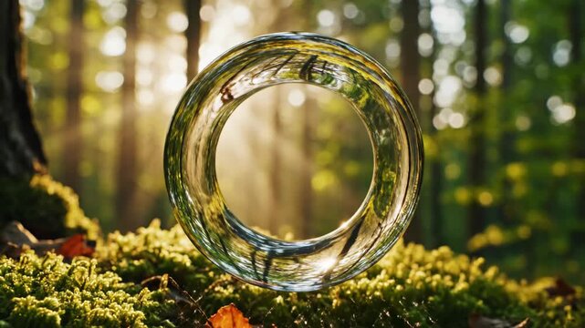 Floating transparent glass ring reflecting a lush green forest environment, situated above mossy ground with warm sunlight filtering through trees and creating a golden bokeh.