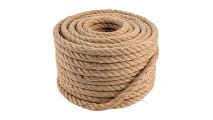 Small skein or roll of natural brown jute twine rope with rough organic texture for craft on transparent background