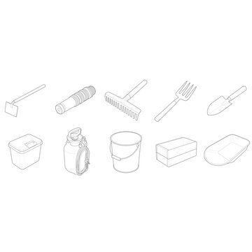Isometric commercial landscaping crew 10-piece maintenance kit and potting bundle drawing for groundskeeper manual