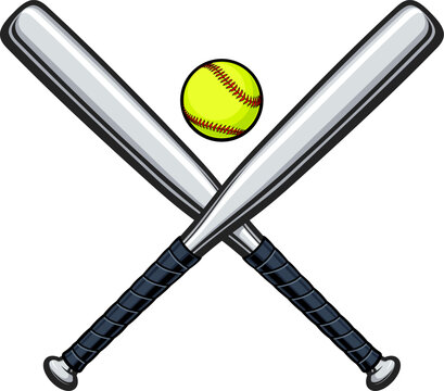 simple classic 2 twin crossed metal aluminum softball bats with grips and soft ball sports logo vector isolated on transparent background