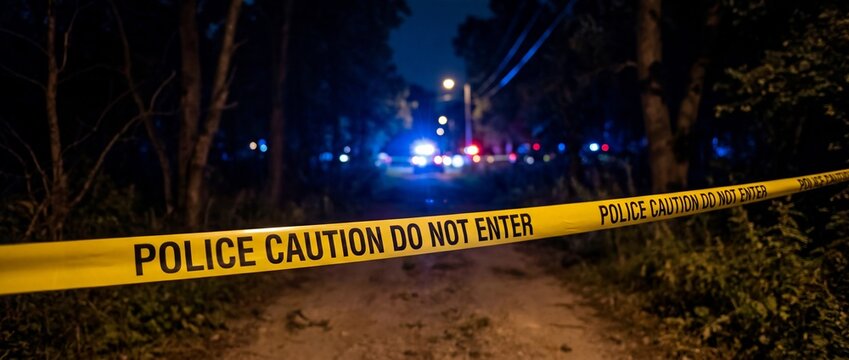 A scene of caution and containment with a police tape marking the boundaries and illuminating with emergency vehicle lights at night, suggesting an area of investigation or restricted access.