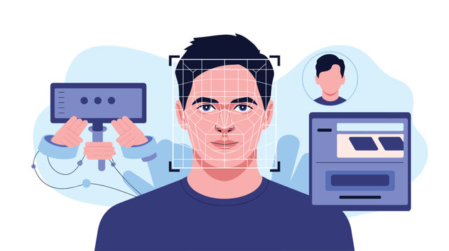 A male face is being scanned by a complex geometric wireframe grid in a modern digital workspace against a soft light blue background with a cool color palette.