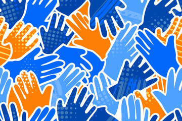 Fototapeta premium handprint pattern dynamic overlapping hands illustration in blue and orange