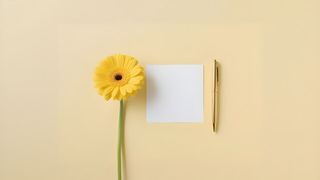 Minimalist top view of a yellow gerbera flower next to a blank paper note and a pen on a pastel yellow background.